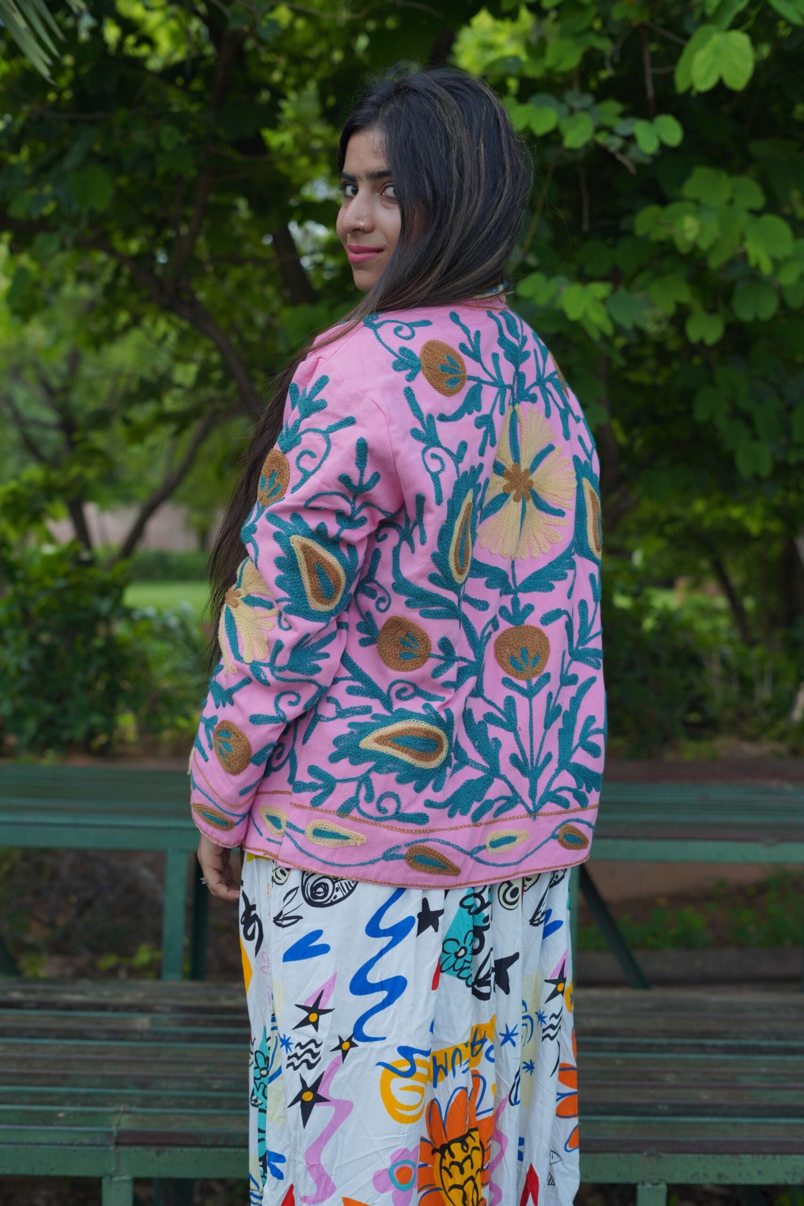 Womens Pink Velvet Embroidered Jacket with Floral Design - Image 4