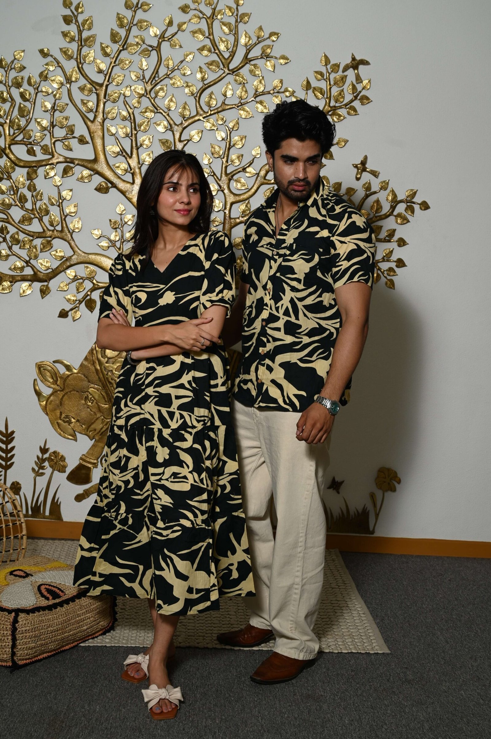 Couple Matching Black Printed Cotton Anarkali Midi Dress & Shirt Set ? Summer Casual Wear